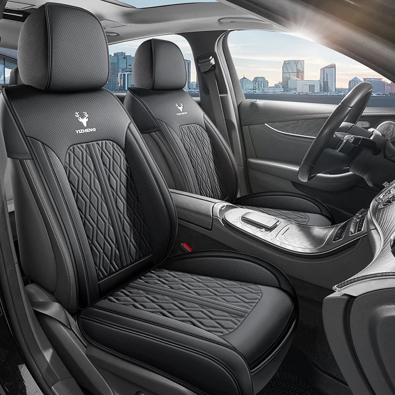 

Передние двойные сиденья, роскошные чехлы для автомобильных сидений из искусственной кожи, универсальные, дышащие и комфортные, не вызывают ощущения душности, подходят для всех сезонов, идеально подходят для сидений, не скользят и не смещаются, легко чист