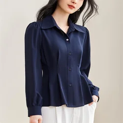 Grace Femme Shirt OL Chiffon Shirt For Women Waist Wrapped Top Laple Long Sleeve Cardigan Blous Button Up Pleated Ladies Blouses