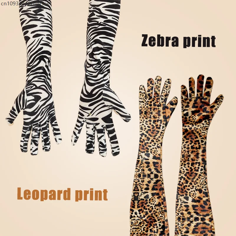 

Women Fashion Leopard Zebra Print Gloves Velvet Dinner Dress Gloves Halloween Makeup Party Opera Stage Full Finger Long Mittens
