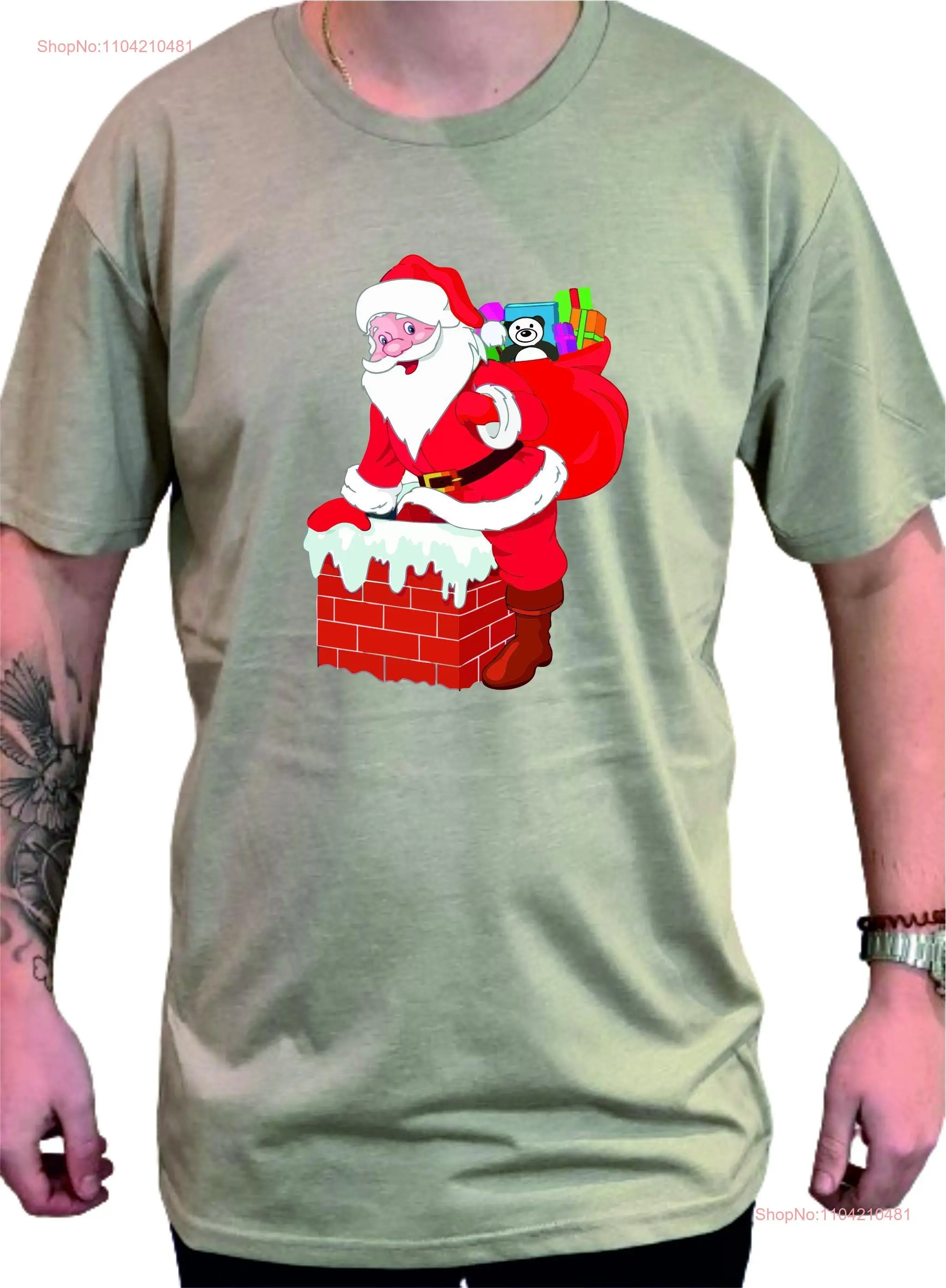 Santa Claus Going Down The Chimney Christmas DTG T Shirt long or short sleeves