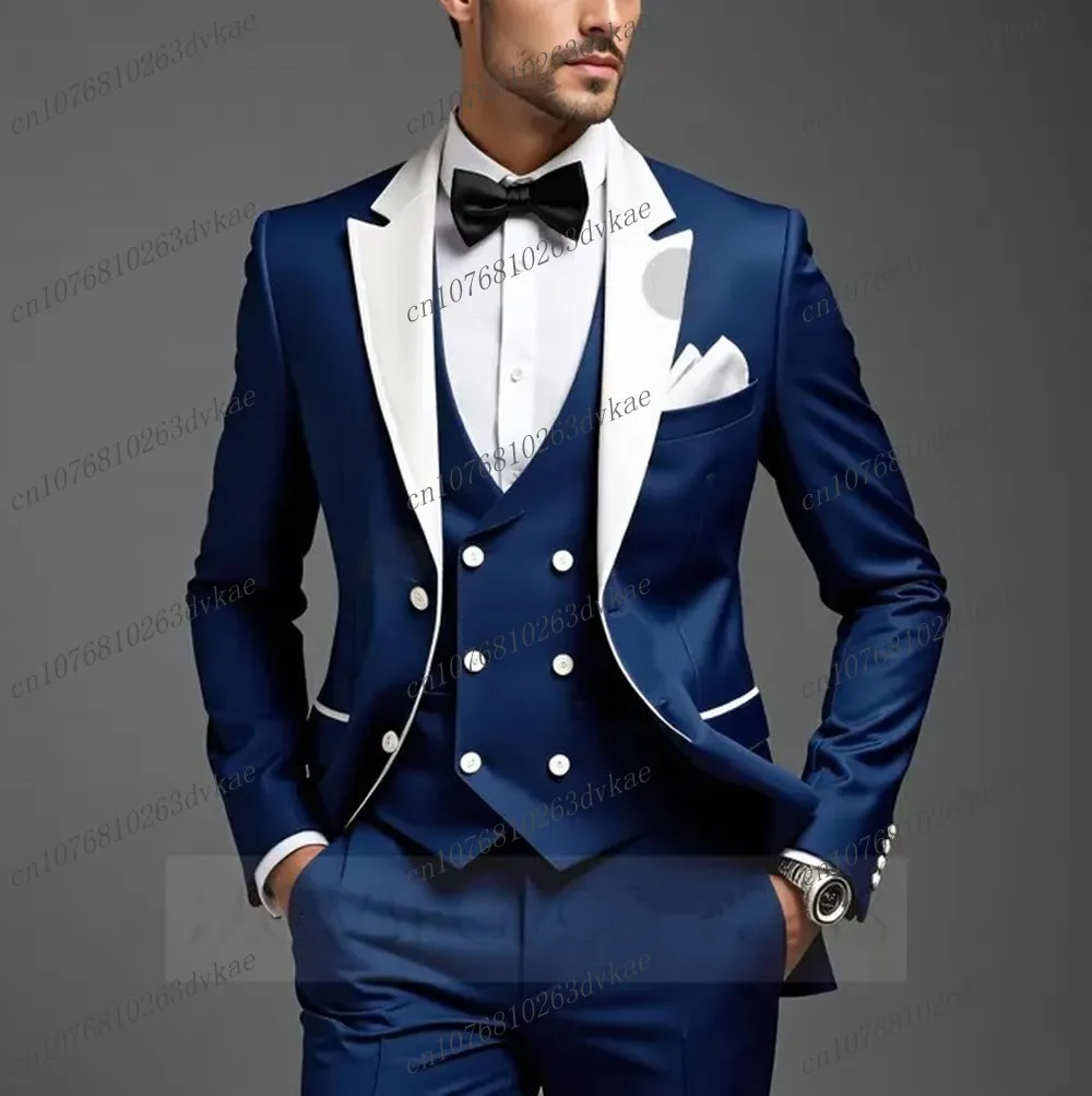

Navy Blue And White Formal Business Men Suit Groom Groomsman Wedding Party Prom Male Tuxedos 3 Piece Set Blazer Vest Pants