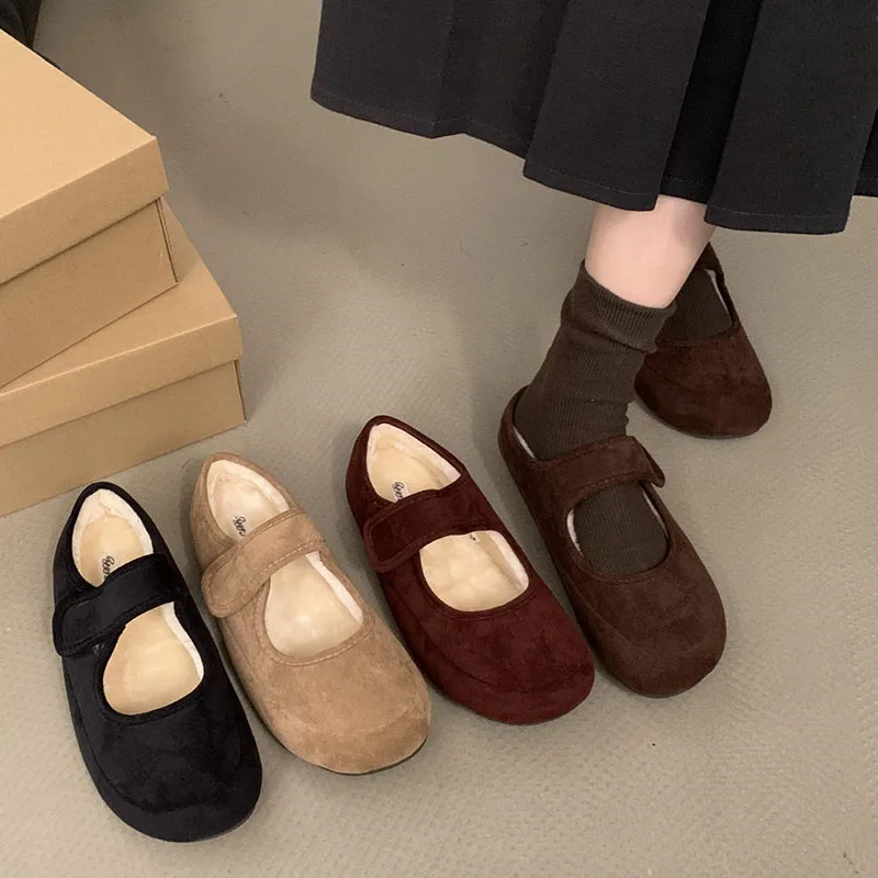 Fashion Round Toe Women Flats With Fur Warm Shoes Soft Hook Loop Female Shallow Footwear Ladies Flats Mary Janes Plush Shoes