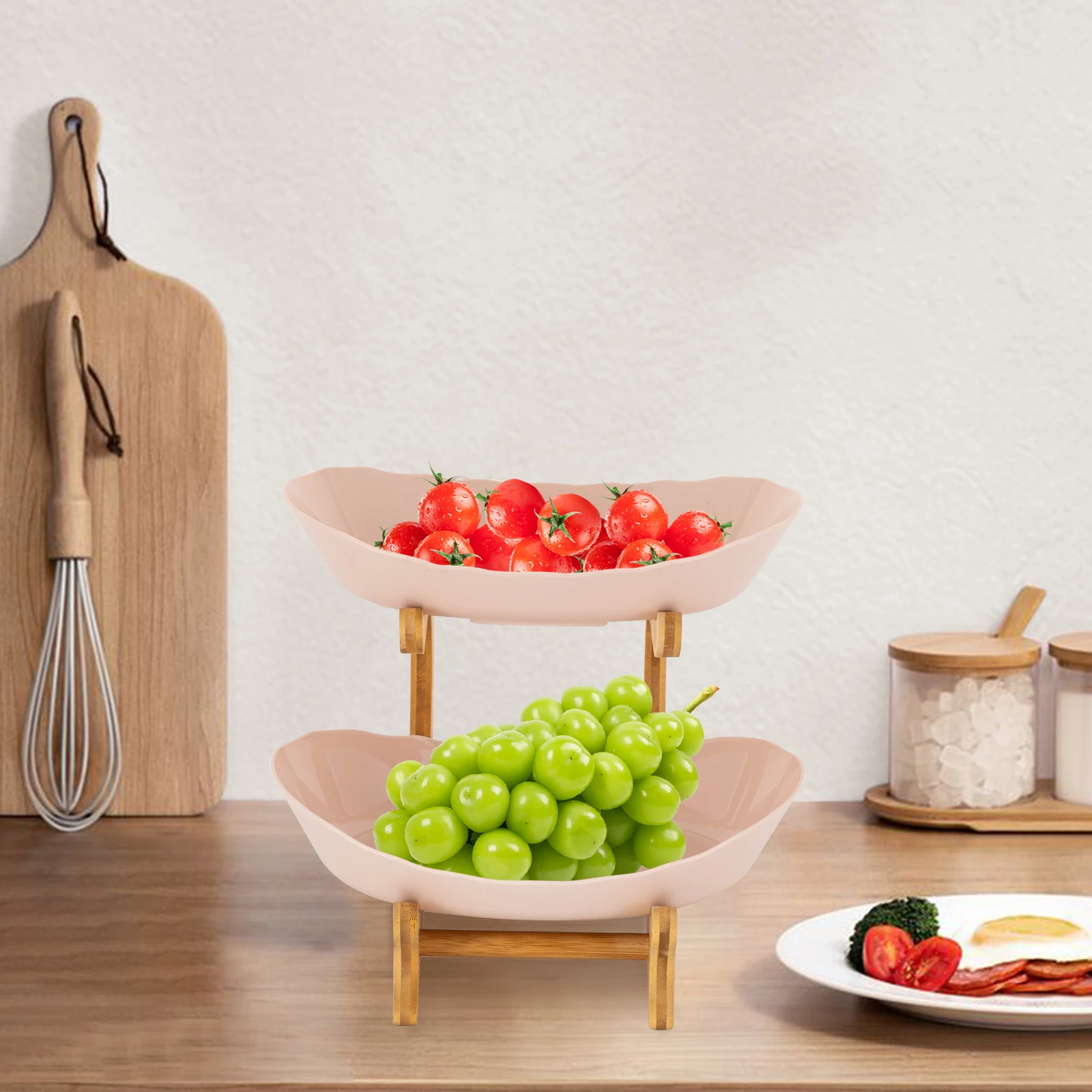 

2-уровневая миска для фруктов, пищевая полипропилен, бамбуковое дерево, разделенный дизайн, нескользящее дно, прочные ножки для ужина, послеобеденного чая/витрины с фруктами
