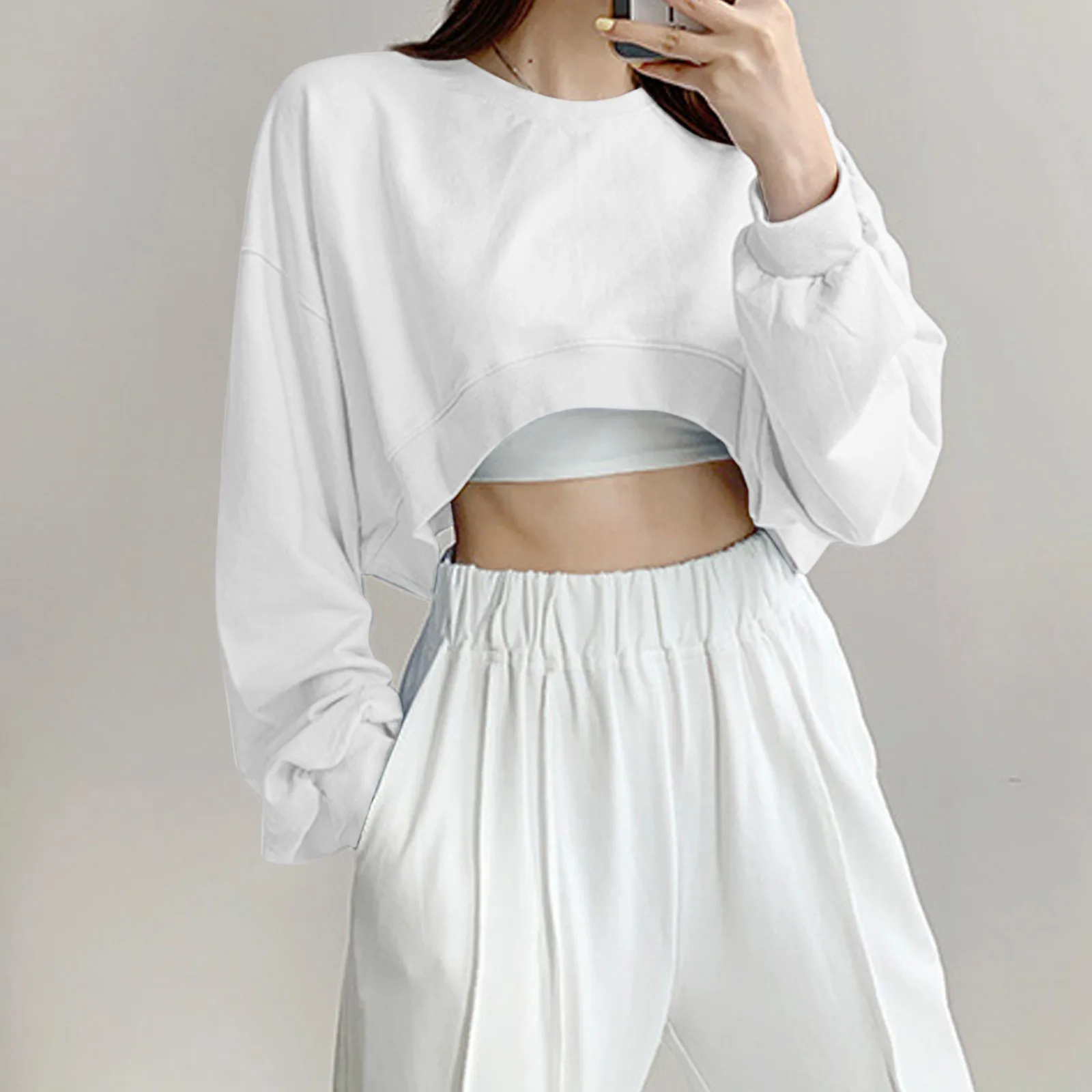 Short T-Shirt Women Solid Color Loose Round Neck Long Sleeve Cropped Top High Waist Navel Exposed Simple Casual Basic Summer