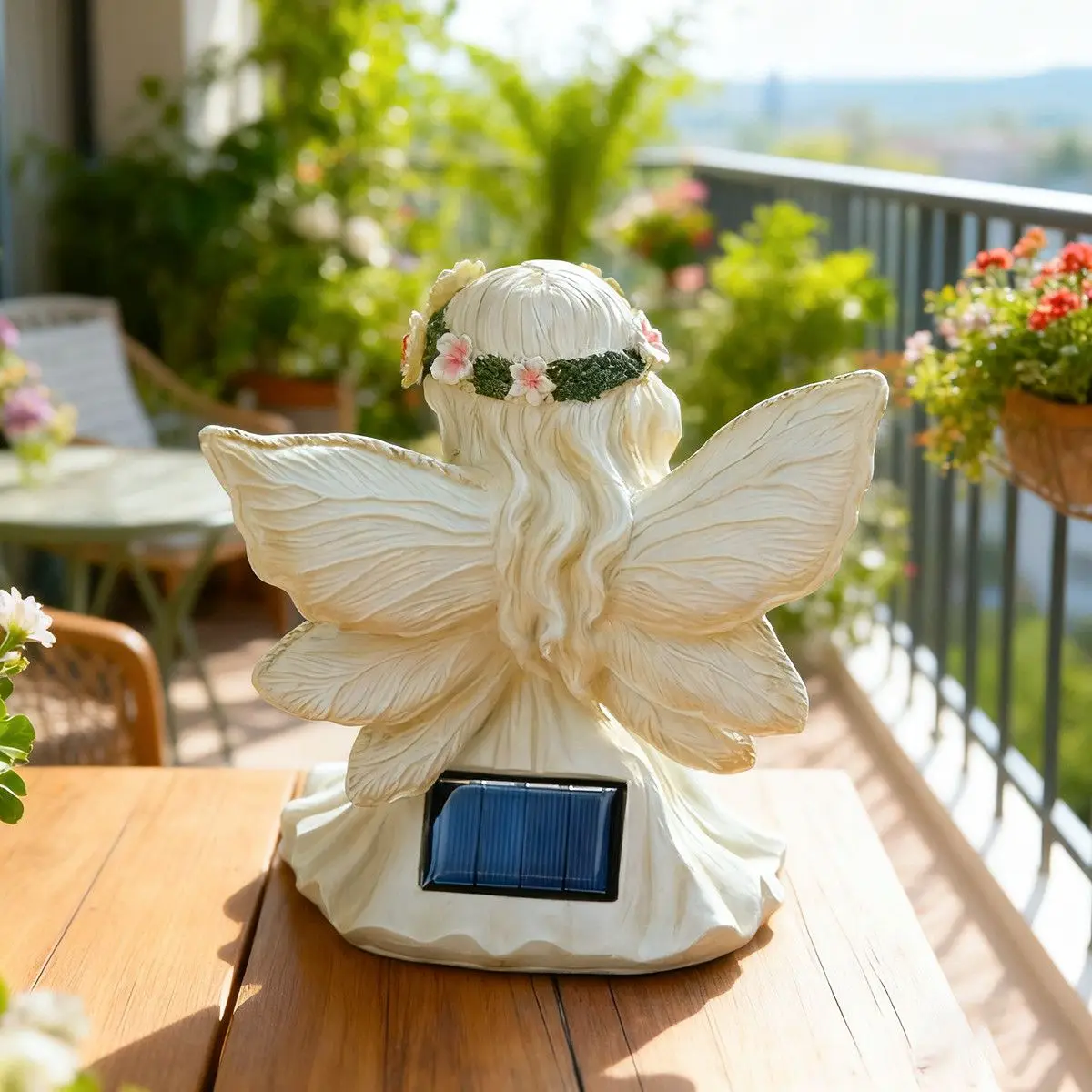 Solar Powered Flower Fairy Light Angel Wings Figurine Outdoor Garden Decoration Resin Ornaments