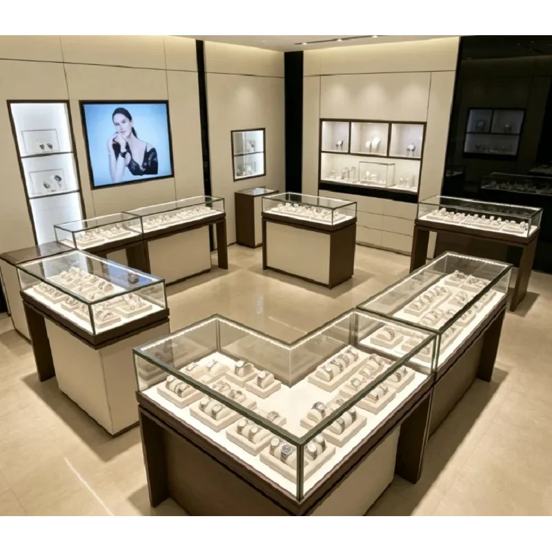 custom.Elegant Modern Luxury Watch Interior Design Complete Two-Tone Wood Display Solution Shopping Mall Jewelry Showc