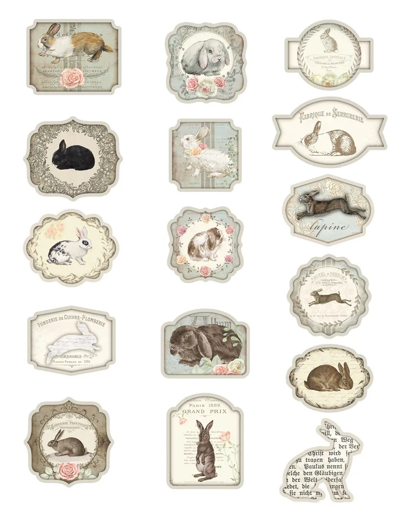 Vintage Rabbit Tag Stickers DIY Scrapbooking Junk Journal Frame Label Collage Diary Happy Plan Card Seal Decoration