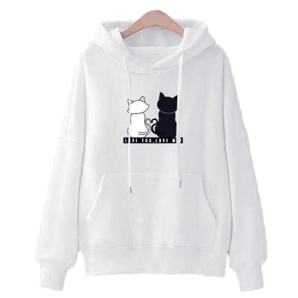 Hoodies de manga comprida feminino, moletom estampado gato bonito, desenho animado feminino, Harajuku, branco, outono