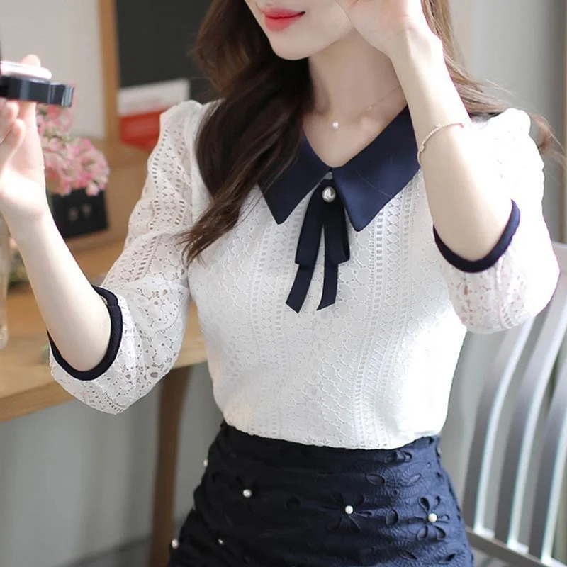 Women\'s Spring Autumn Style Lace Blouses Shirt Women Peter Pan Collar Solid Color Half Sleeve Elegant Lace Tops SP8676