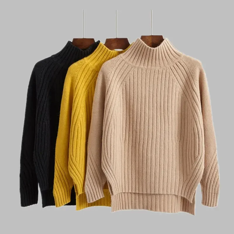 Pullovers Women Winter Warm Mock Neck Sweaters Solid Knitted All-match Elegant Tender Classic Basic Female Split Knitwear Jumper