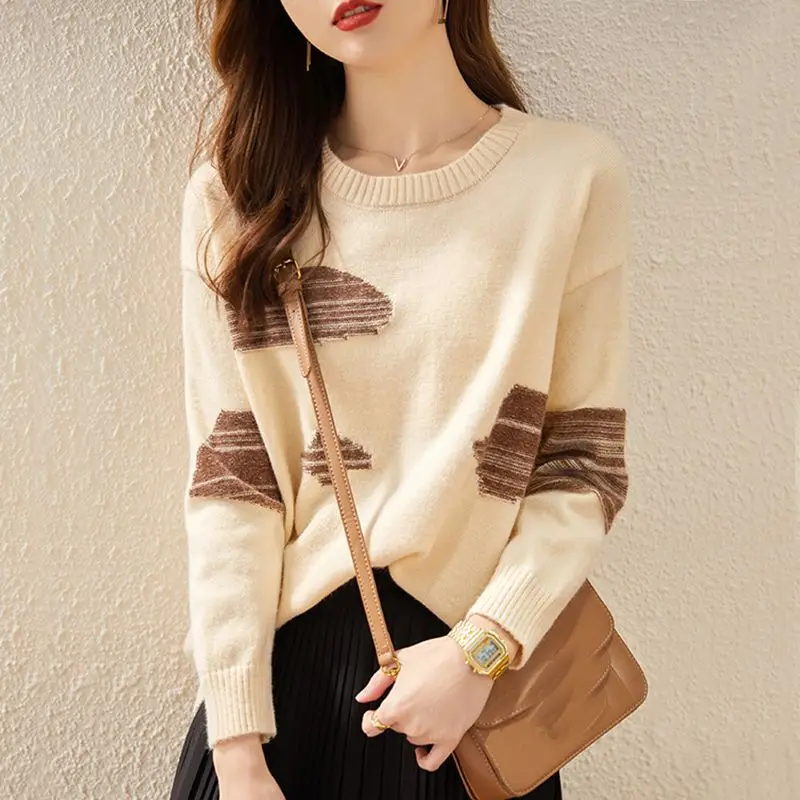 Temperament Autumn/Winter New Sweaters Women\'s O-Neck Patchwork Contrast Color Fashion Casual Long Sleeve Knitted PulloversTops