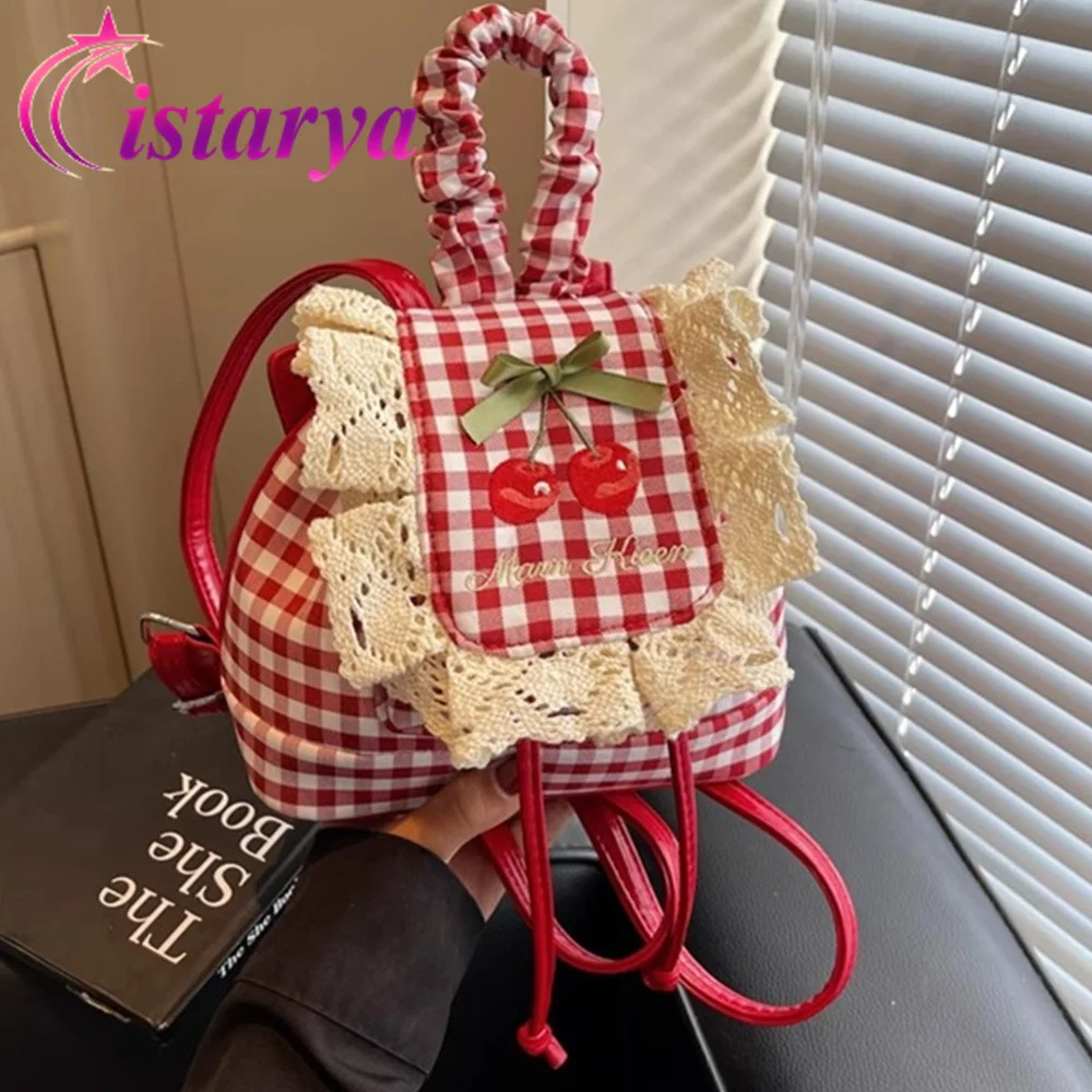 

Y2K Cute Bow Mini Backpack Women Kawaii Bags Sweet Girl Plaid Cherry Rucksack Lace Canvas Knapsack Lolita Japaness Shoulder Bag