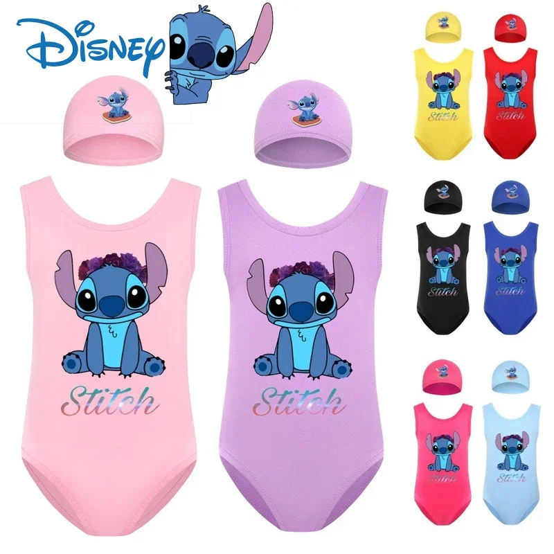 Disney Stitch Children\'s One Piece Swimsuit Set Cute Cartoon Swimwear Swimming Cap Little Girls Bathing Suit Summer Beach Pool