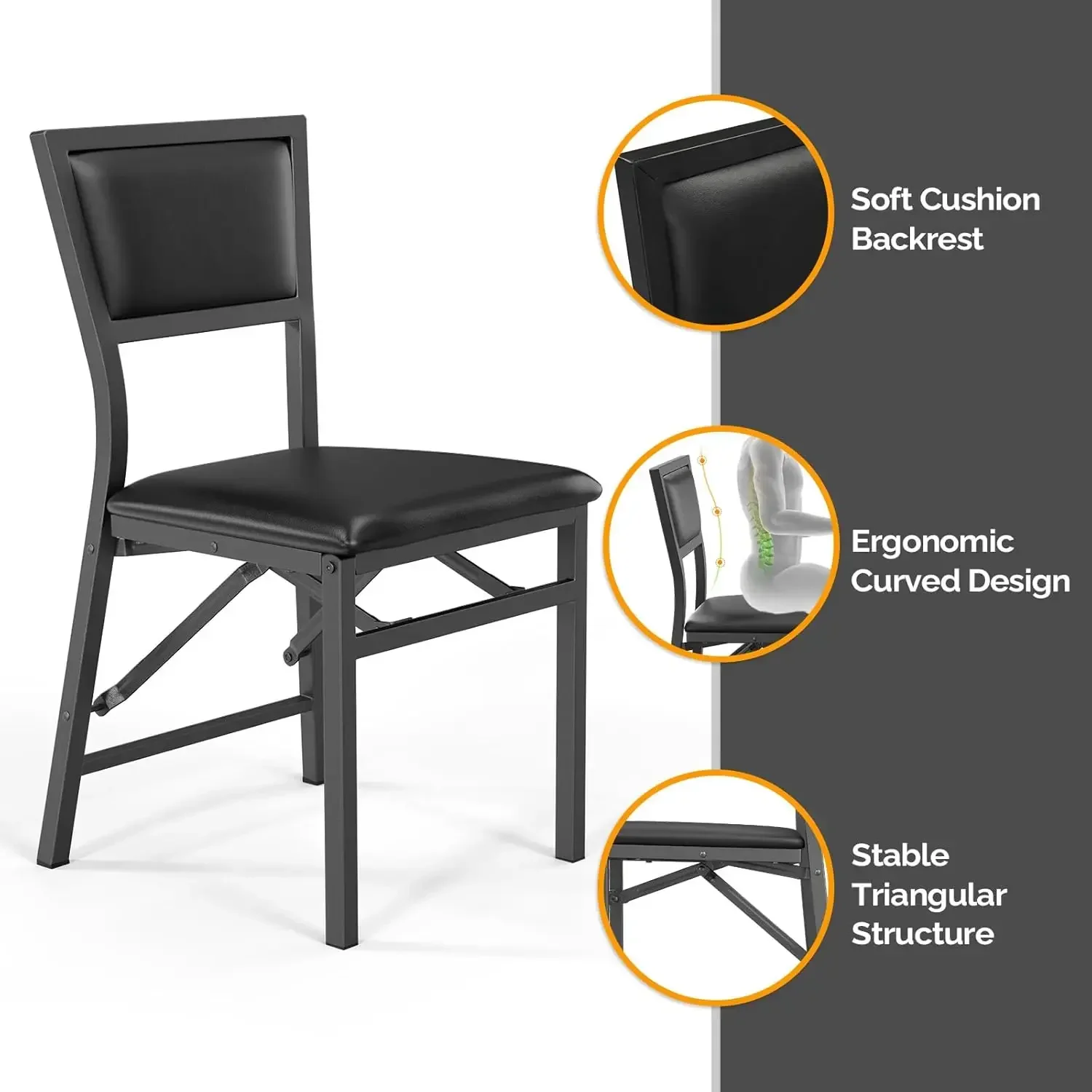 Sillas plegables acolchadas, sillas de comedor plegables con cojín, estructura de metal resistente para espacios pequeños, negro (2)