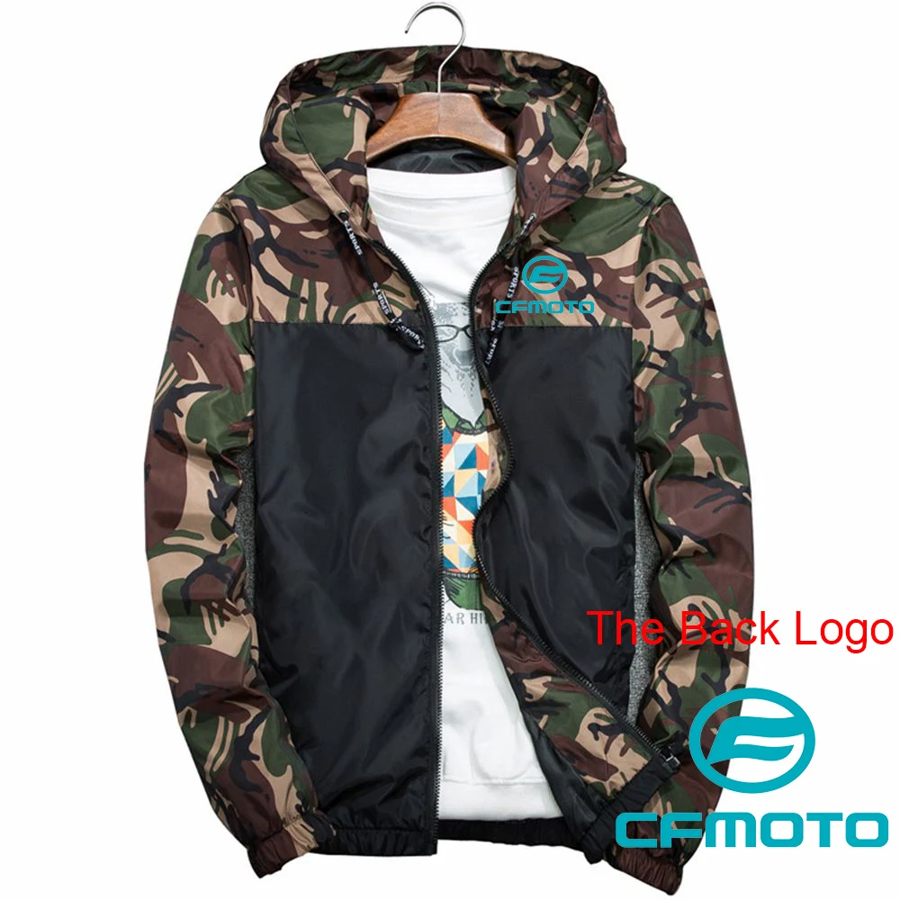2025 春と秋のメンズ CFmoto ロゴプリントスリム迷彩ジャケット防風防水フード付きコートアウトドアスポーツパーカー