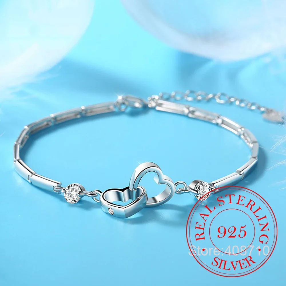 

Charms 925 Sterling Silver Bracelets Bangles Gift Valentine's Days Crystal Zircon Wedding Love Heart Jewelry