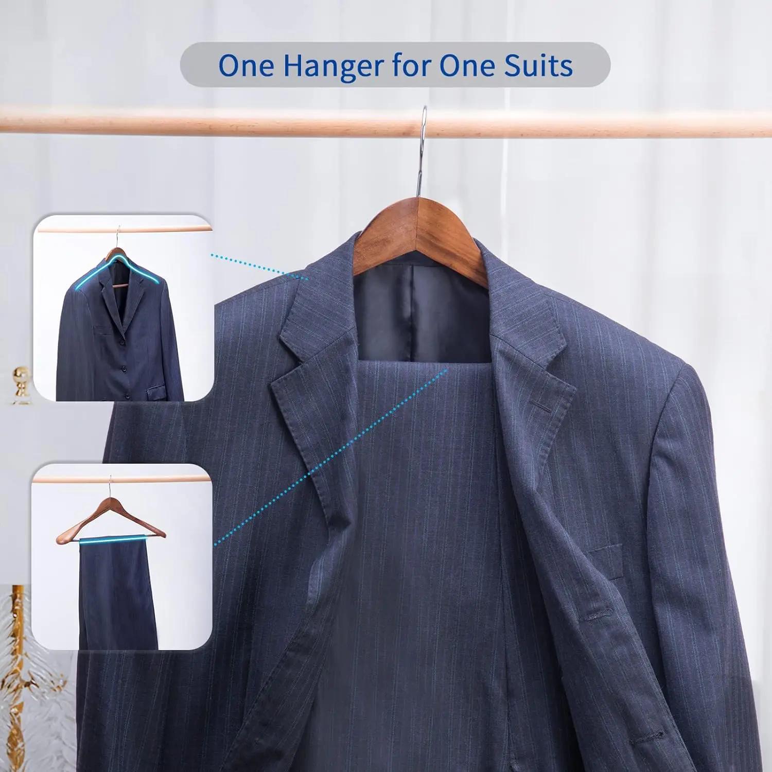 Luxury Wooden Suit Hangers Coat Hangers Jacket Outerwear Shirt Hangers with Wide Shoulder 360 Degree Swivel Hooks Anti-Slip Bar