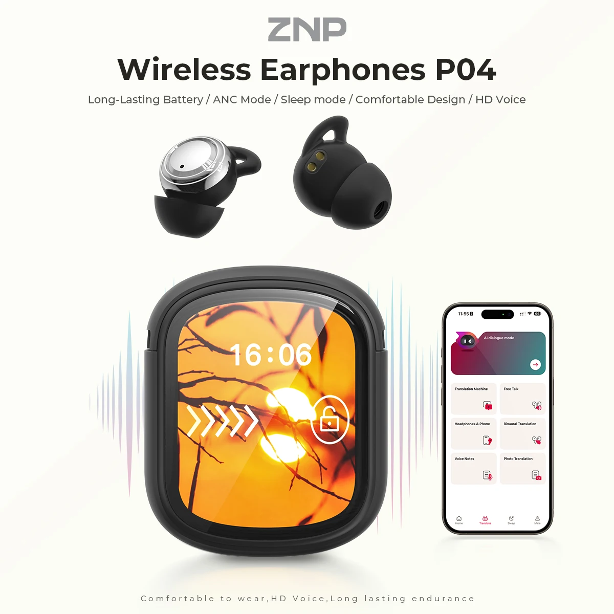 Image of ZNP P04 Schlaf-Ohrhörer Aktive Geräuschunterdrückung Bluetooth-Kopfhörer mit Mikrofon Bequeme ultraleichte Ohrhörer für Seitenschläfer