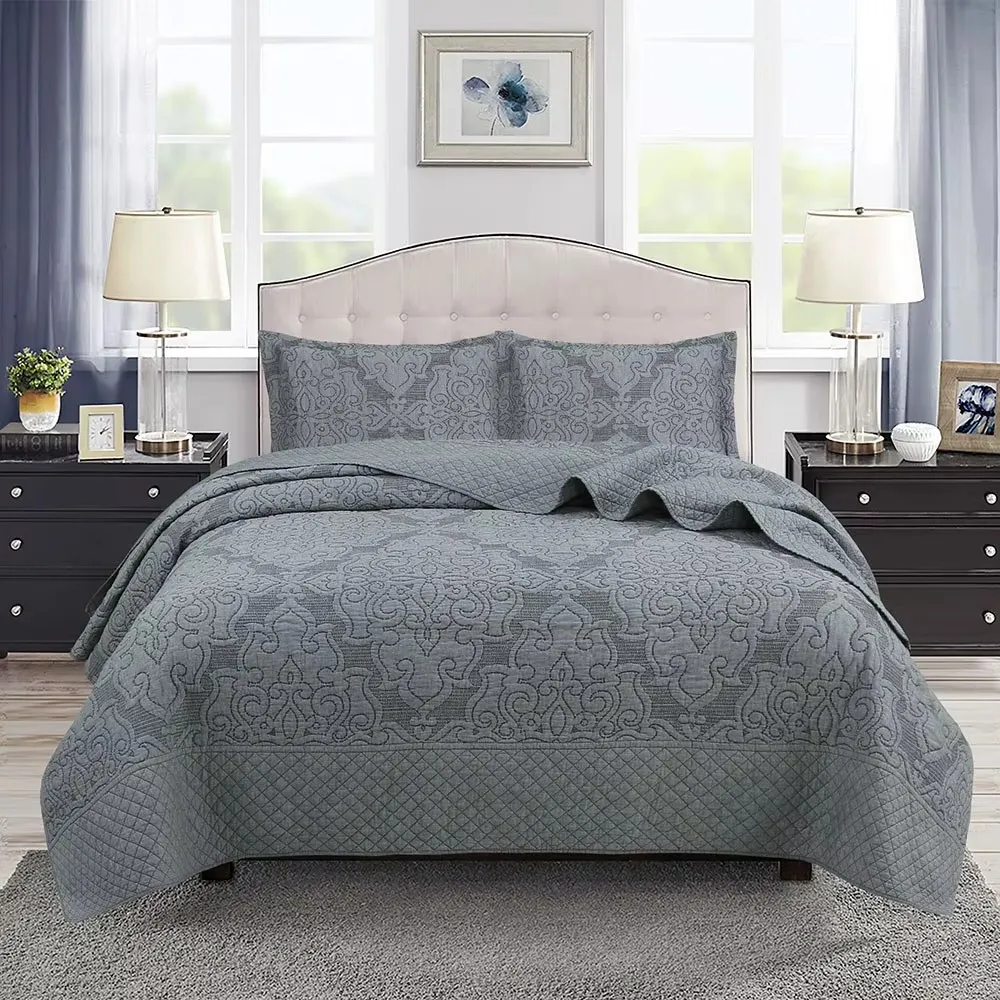 

Gray Embroidered Cotton Quilt Set 3PCS - Yarn-Dyed King Size Bedspread, Breathable Bedding Set, Soft Blanket for Bed, Home Decor