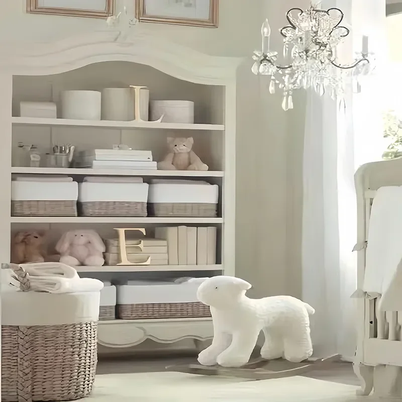 American Light Luxury Solid Wood Bookcase Post Modern Simple Carved Cream White Decorative Cabinet Retro Bookshelf