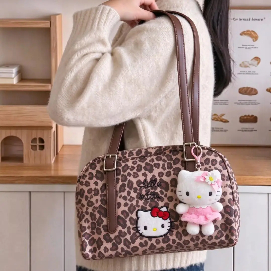 Multi Functional Storage Bag, Large Capacity Boston Bag, New Leopard Print Women's Shoulder Bag, Cute Hello Kitty Handbag