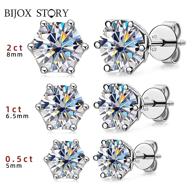 BIJOX STORY Classic 0.5-2 Carat Moissanite Stud Earrings for Couple Gifts S925 Sterling Silver Flower Shape Anniversary Earrings