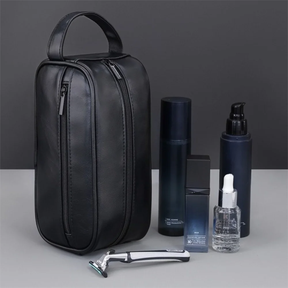 

Fashion Multi Pocket Men Leather Wash Bag Zipper Large Capacity Cosmetic Storage Bag Waterproof Handheld Makeup Pouch Bathroom