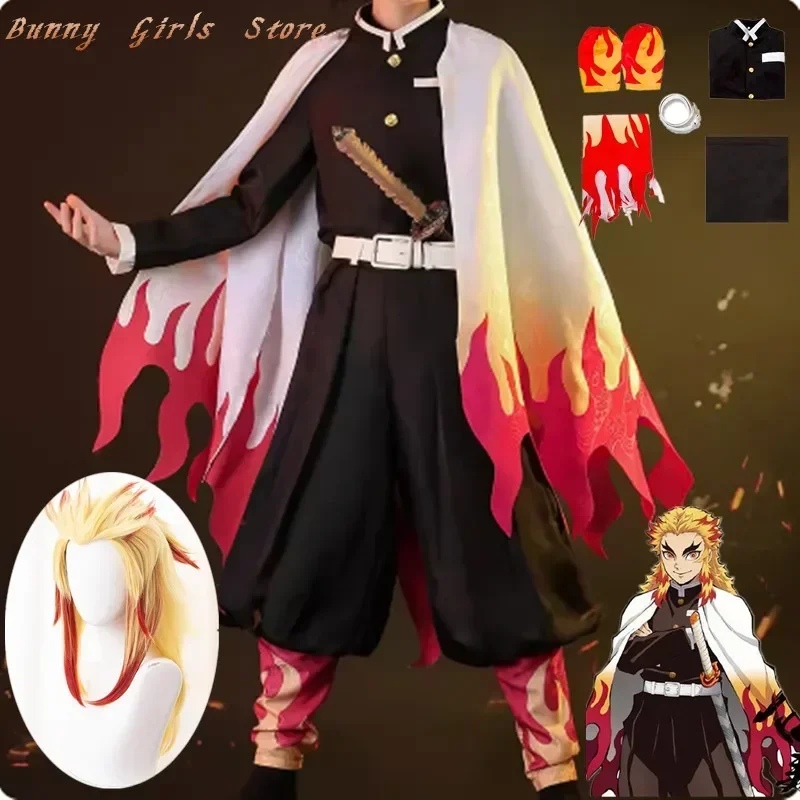 Anime Rengoku Kyoujurou Cosplay Costume, Kimono, Demon Slayer, Uniform, Perruque Hauri imbibé, Halloween, Kimetsu No Yaiba