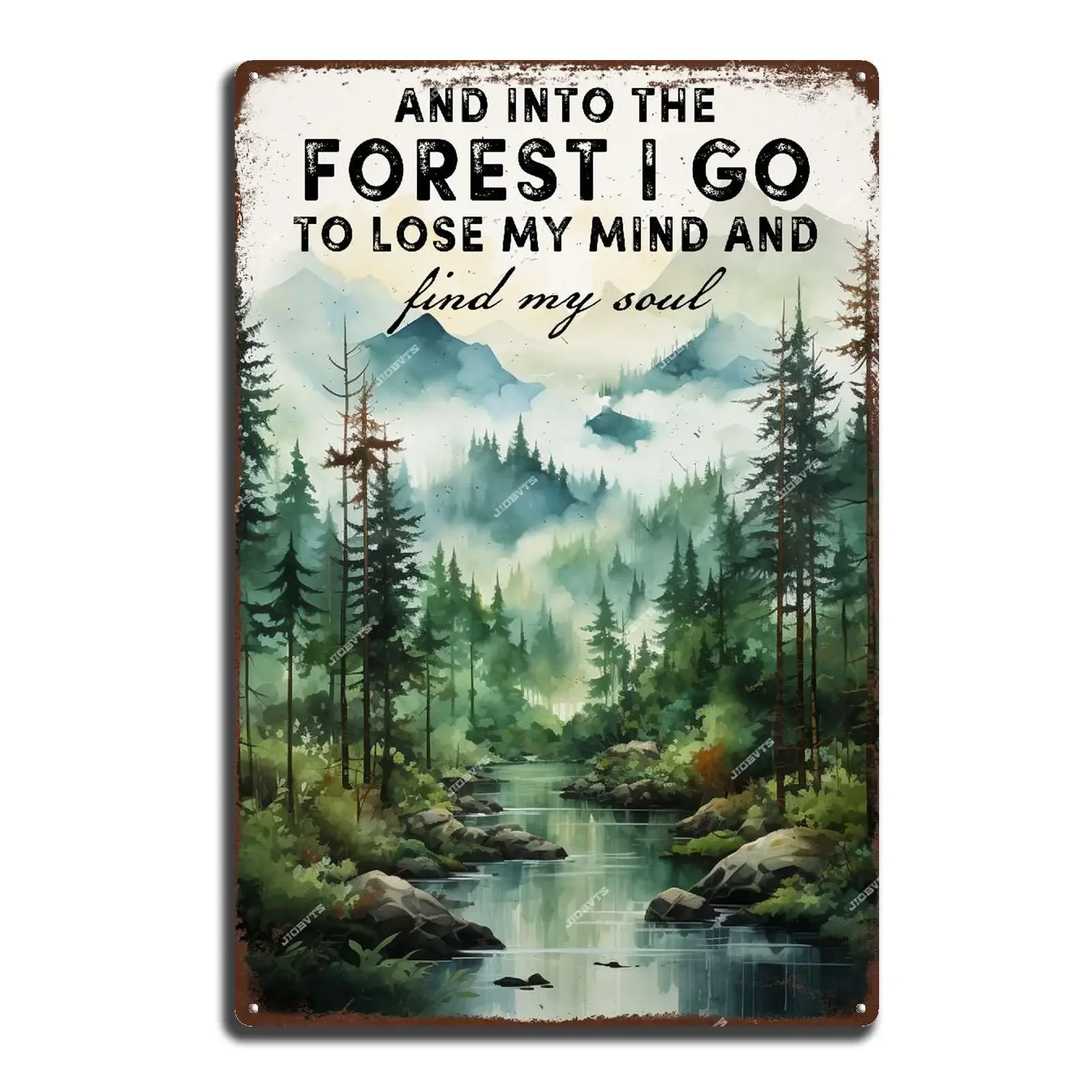 Aluminiumschild, Vintage-Kunst-Blechschild „And Into The Forest I Go to Lose My Mind and Find My Soul“, Wandermädchen, Retro-Metallblechschild