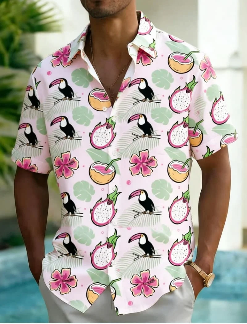 

Мужская рубашка с ярким принтом птиц, цветов и фруктов, универсальная повседневная одежда для ежедневных поездок на работу, офиса, летнего отдыха и пляжа