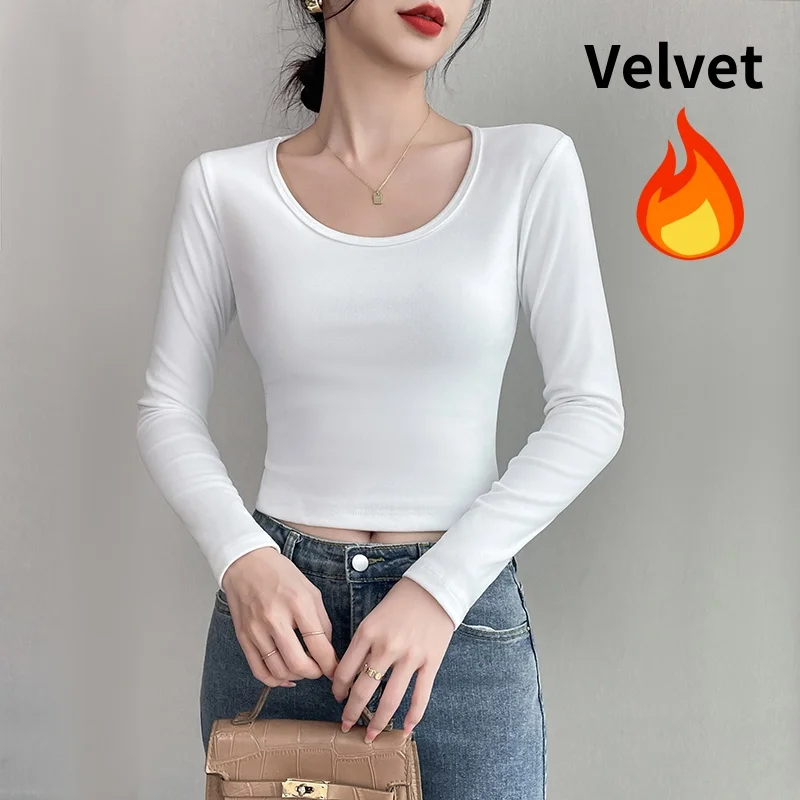 

Velvet Thickened Warm Tops Women Autumn Winter Clothes Fever Double Side Milled Round Neck Bottom Tops Soft Slim