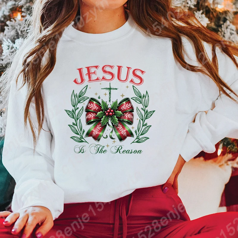 

Christmas Bow Jesus Is The Reason Print Pullovers For Women Winter Autumn Casual O Neck Hoodless Sweatshirt Pure Color Pullovers