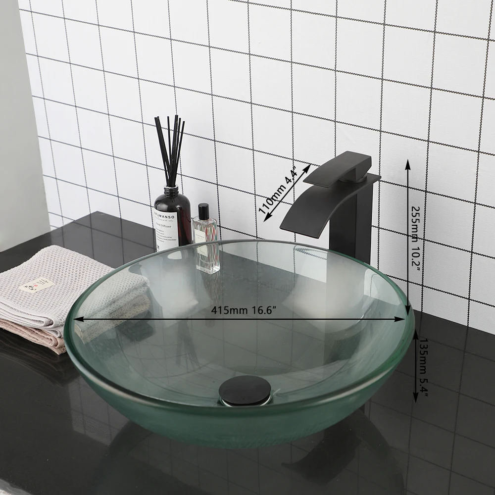 KEMAIDI Tempered Glass Basin Transparent  Round Sink andFaucet Tap Combo Set Hot Cold Water Mixer Basin Faucets Set Deck Mounted