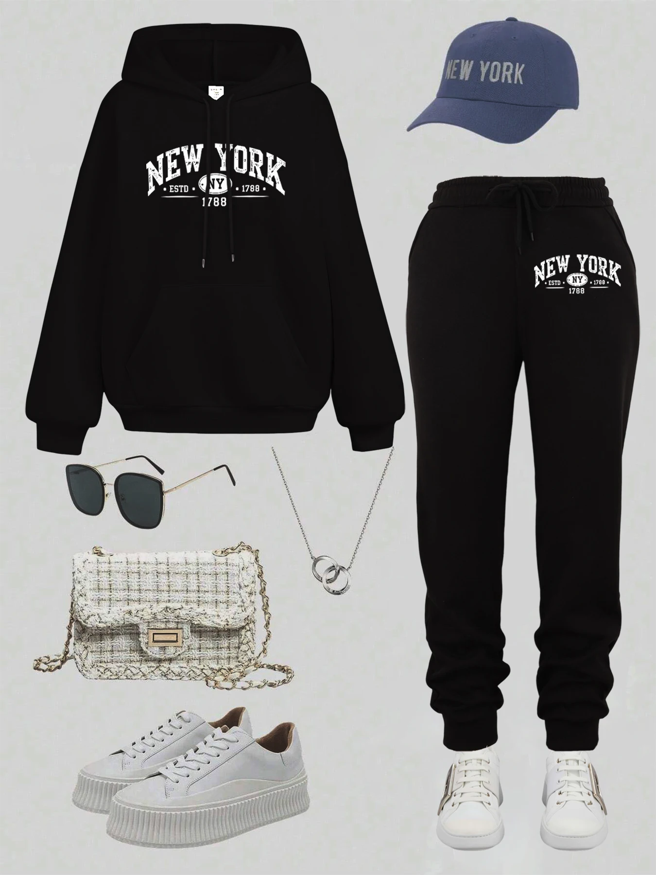 New York Estd 1788 Prints Hoody Suit Women Fleece Soft Sweatshirts Pocket Casual Jogging Pants Autumn Comfy 2 Piece Set Clothes