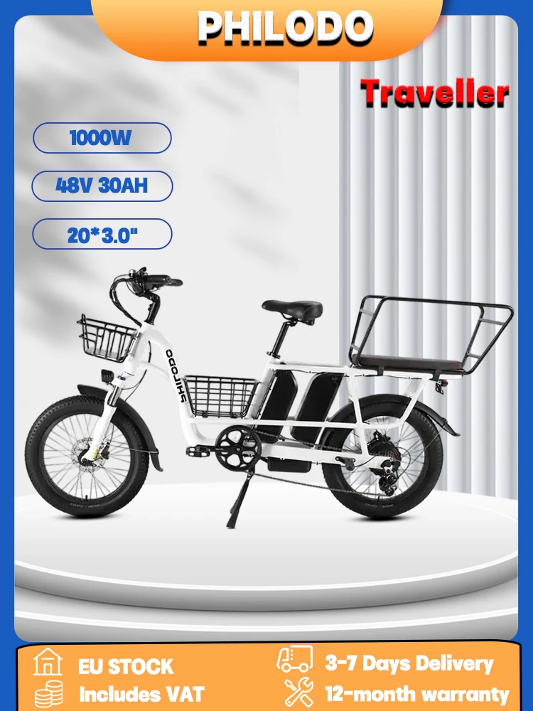 Philodo Traveller Eltern-Kind-Elektrofahrrad 1000W Spitzenmotor 48V 30Ah Doppelbatterie 20*3,0 Zoll E-Bike Lastenfahrrad mit Kindersitz Hydraulische Scheibenbremse 45km/h