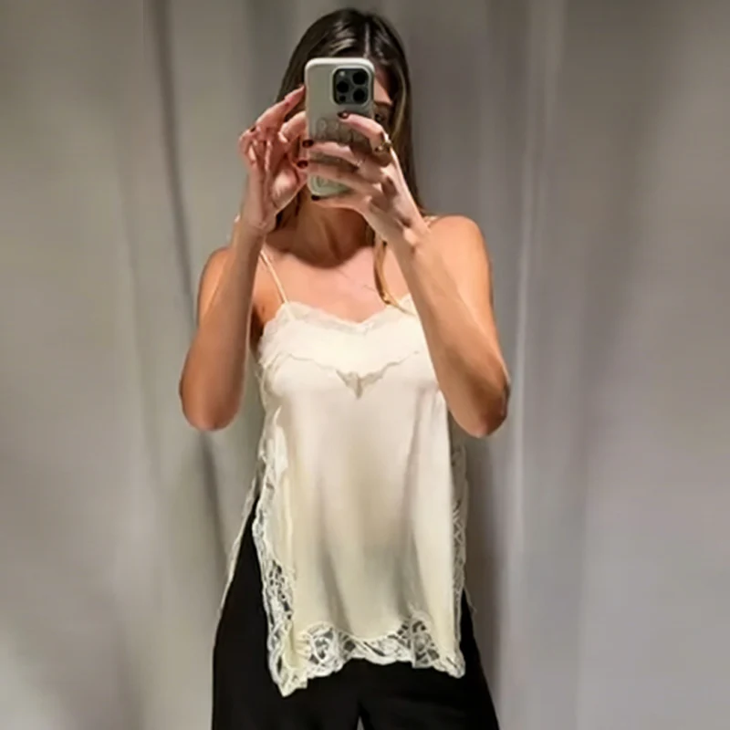 HXAO Gelbes Spitzen-Slip-Top für Damen, Sommer 2026, sexy Satin-V-Ausschnitt, ärmelloses, rückenfreies Top für Damen, Y2K Fashion Streetwear Camisole – Detail 10