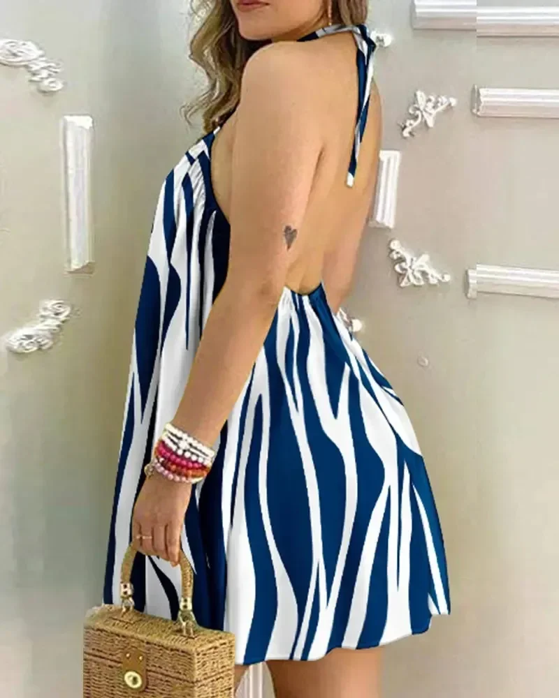 Damen-Minikleid mit Neckholder und Streifenmuster, ärmellos, locker geschnitten, lässiges Urlaubs-Swing-Kleid – Detail 5