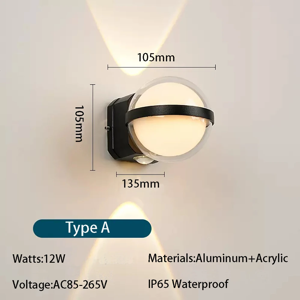 Impermeável Modern Minimalismo Estilo LED Lâmpada de parede, varanda e jardim Luzes, luzes de alumínio, interior e exterior, IP65, AC85-265 V, 12W