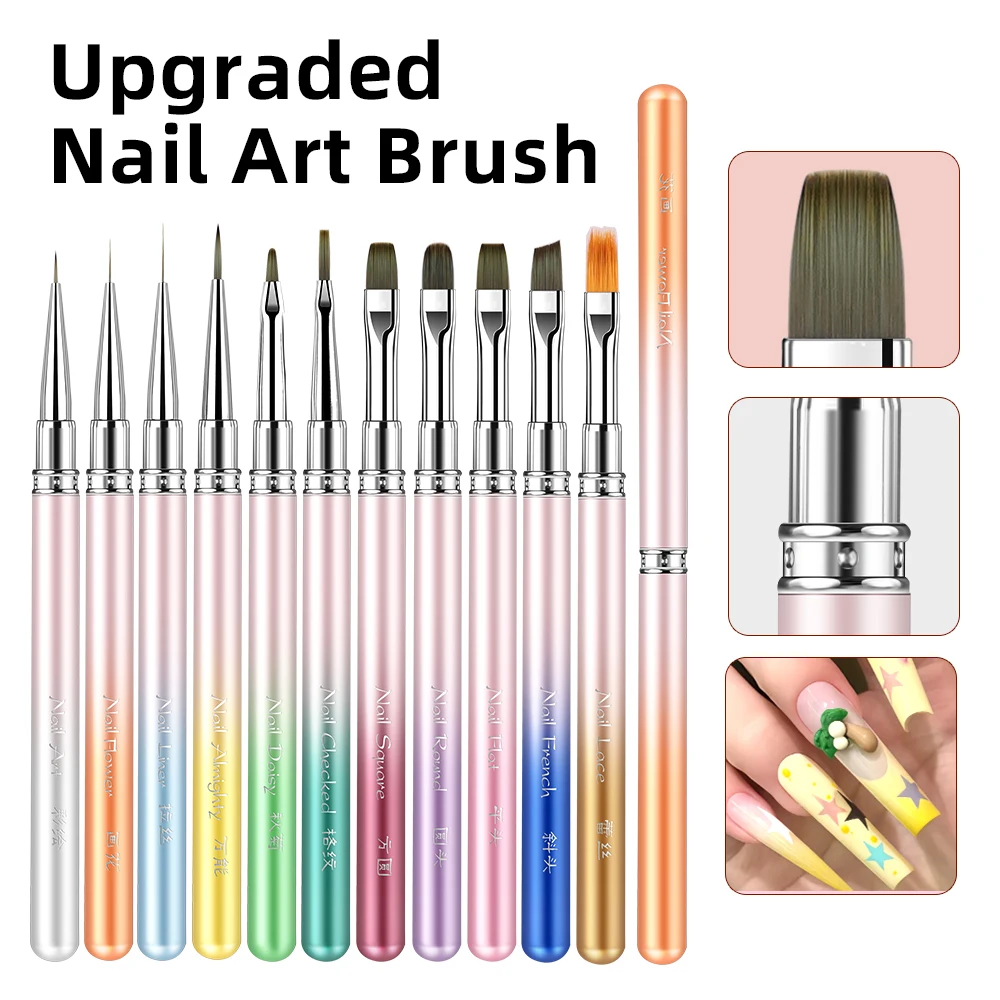 11pcs Special Nail Art Brush Set Flat French Liner with Phototherapy Long Checkered Crimped Ferrule Metal Handle Manicure Tool