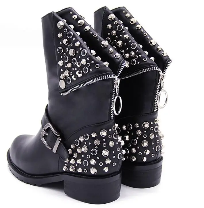 Punk Eyelet Crystal Rivets Studs Ankle Boots Back Edge Foldover Round Toe Back Zipper Women Low Chunky Heels Motorcycle Boots