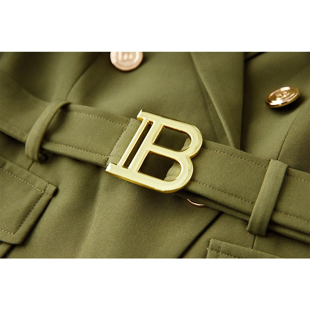 Spring Autumn Formal Work Lady Army Green Pockets Jackets with Metal Belt Super Shape Look Elegant Women Blazer