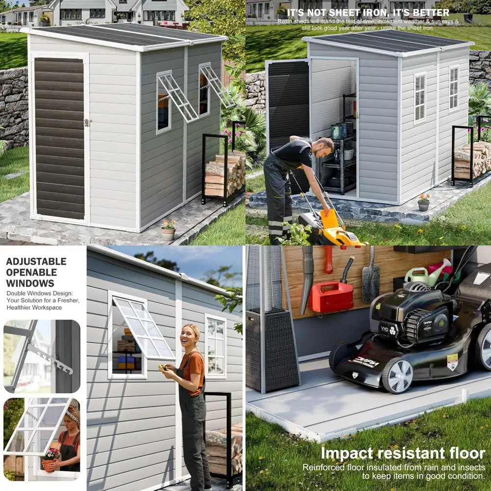 

Наружный навес для хранения из смолы с пол, водонепроницаемый, 4x8 футов, регулируемые окна, устойчивый к атмосферным воздействиям для садовых инструментов