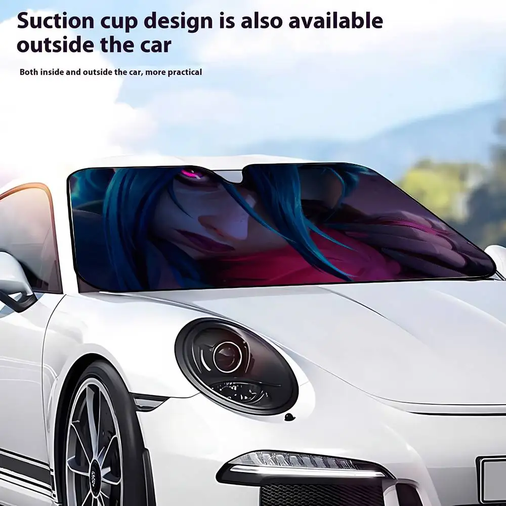 A-Arcane Jinx مظلة السيارات الزجاج الأمامي مضحك الشمس الظل طوي الأشعة فوق البنفسجية الشمس قناع حامي ظلة للنافذة الأمامية #3