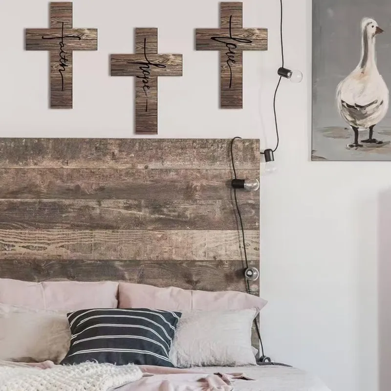 AAAN-Rustic Wooden Cross Wall Decor - Faith, Love, And Hope Hanging Decoration