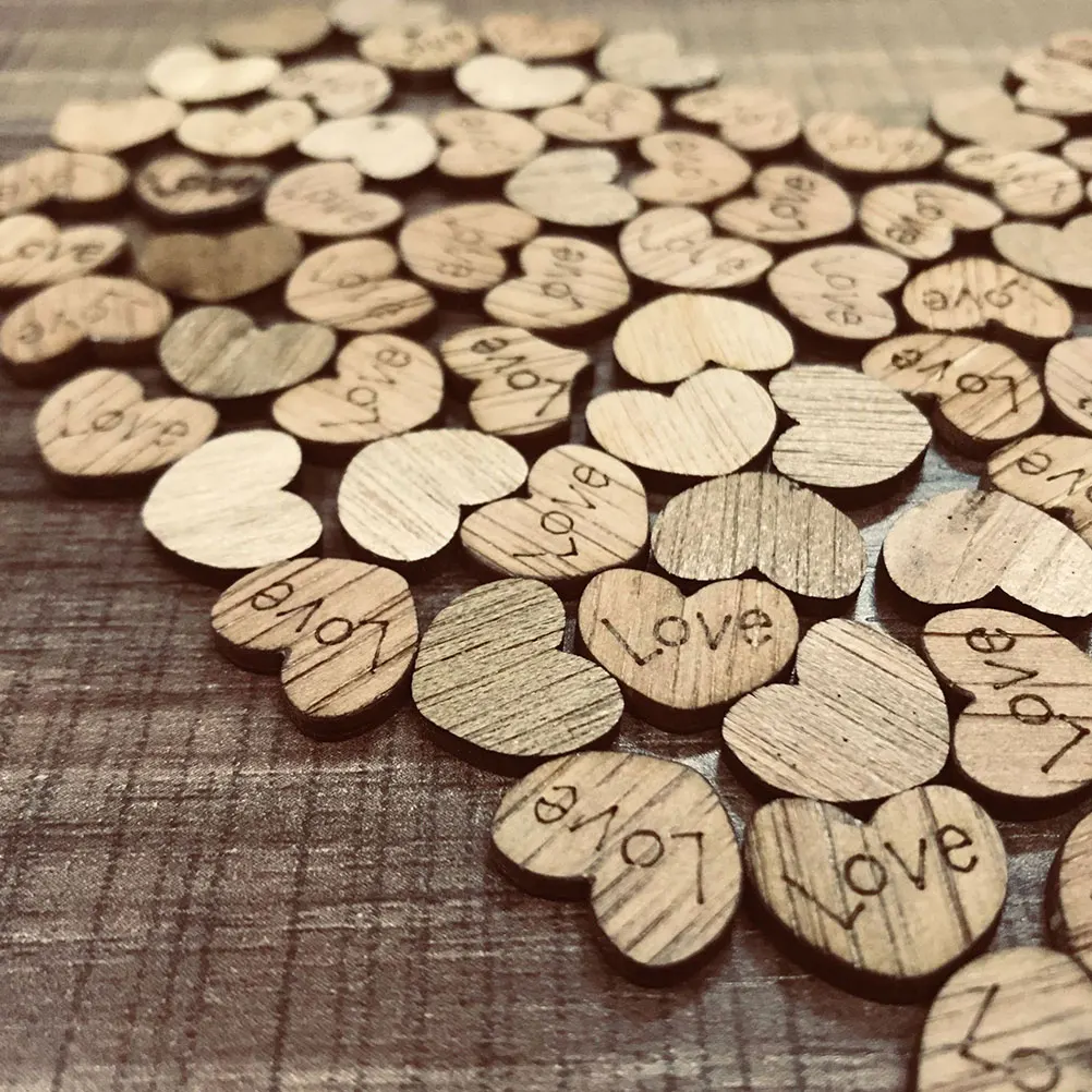 

100Pcs Wood Heart Chips Rustic Wedding Decorations Heart Shaped Wooden Ornaments Valentines Day DIY Crafts Reception Decor