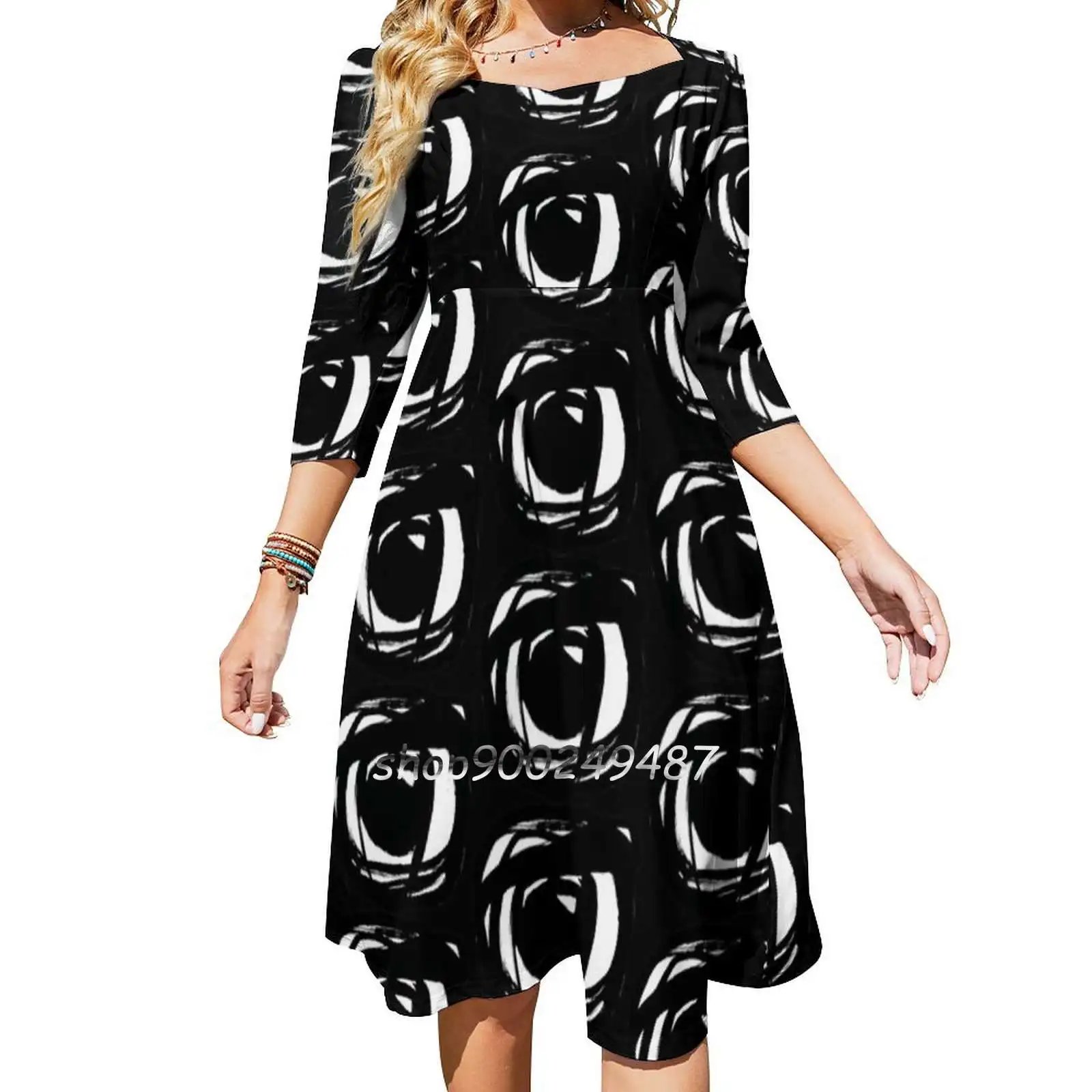 Sweet Elegant Dress Women Korean Kawaii Square Collar Dress Bw Eyehead Booleep Black Lives Matter Eyes Blackandwhite Ink