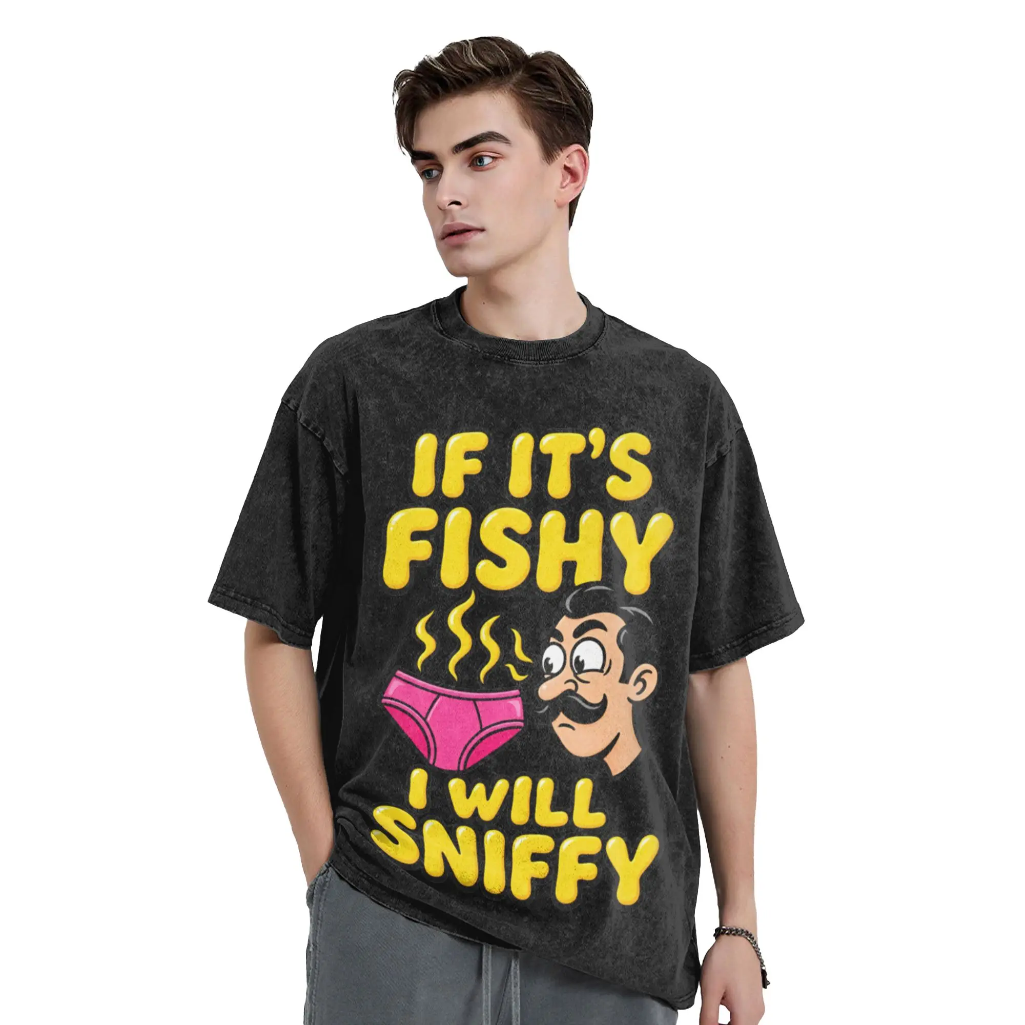 If It's Fishy I Will Sniffy Washed T Shirt Cotton Funny T-Shirts Round Collar  Tee Shirt Short Sleeve Clothes Plus Size