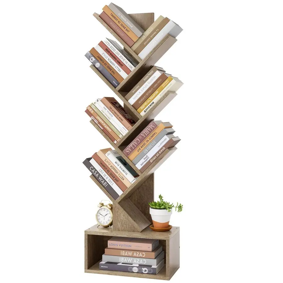 

6 Tier Tree Bookshelf, Tall Bookcase with Drawer, Freestanding Book Shelf, Display Floor Standing Storage Shelf, Book Organizer