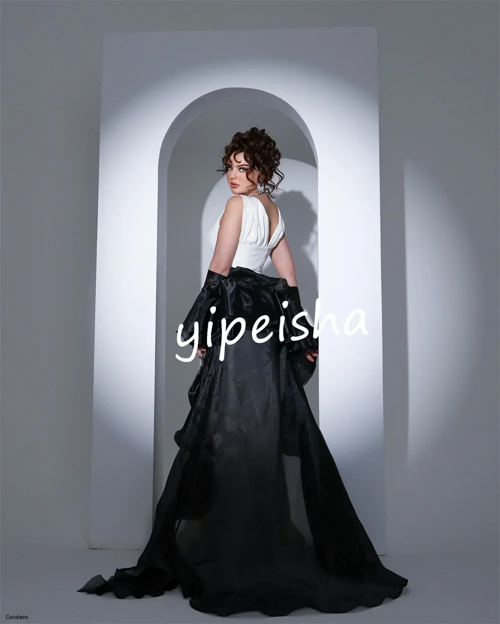 تخصيص عالية الجودة جيرسي الطية مستقيم الخامس الرقبة فساتين طويلة فساتين السهرة النمط الصيني رائعة الرعوية الأزياء الأنيقة #2