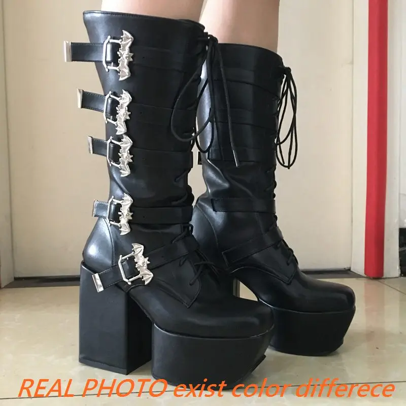 SIMLOVEYO Women Boots Toe Chunky High Heel 12cm Platform 5.5cm Lace Up Buckles Shoes Size 46 47 48